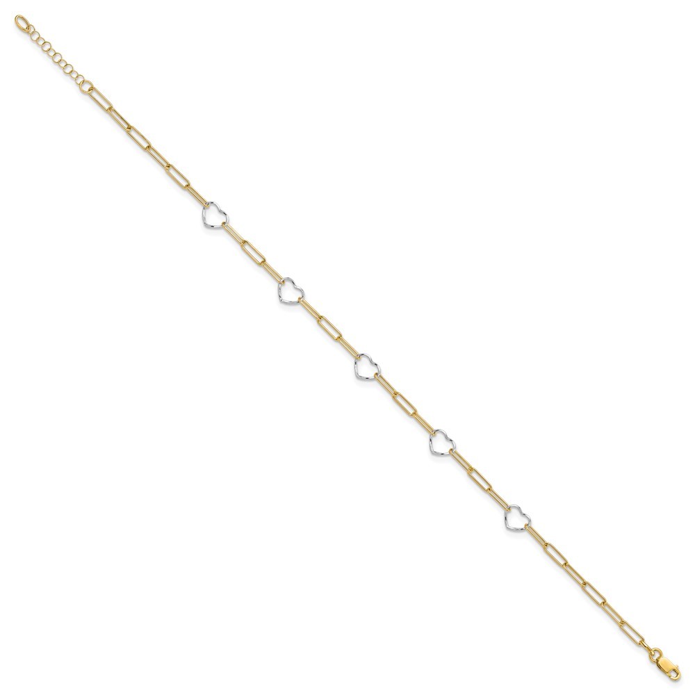 14K Two-tone Paperclip Link Heart Charm 9" + 1" ext. Summer Fine Jewelry Anklet - Picture 2 of 7